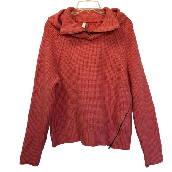 Pilcro Anthropologie Womens Salmon Pink Hooded Quarter Zip Waffle Knit Sweater - Picture 4 of 11
